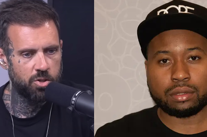 Adam22 and DJ Akademiks are pictured side by side in close-up shots, both facing the camera. Adam22 is speaking into a microphone