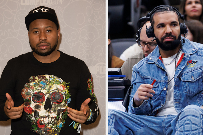 DJ Akademiks gesturing with hands up, wearing a graphic sweatshirt; Drake sitting courtside in double denim attire during a basketball game