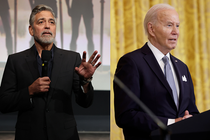 George Clooney and Joe Biden speaking on separate stages, both holding microphones