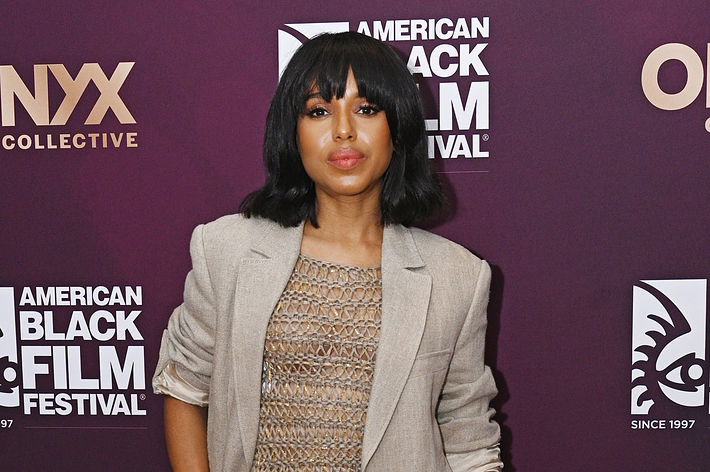 Kerry Washington attends the American Black Film Festival, wearing a textured mesh top under a beige blazer