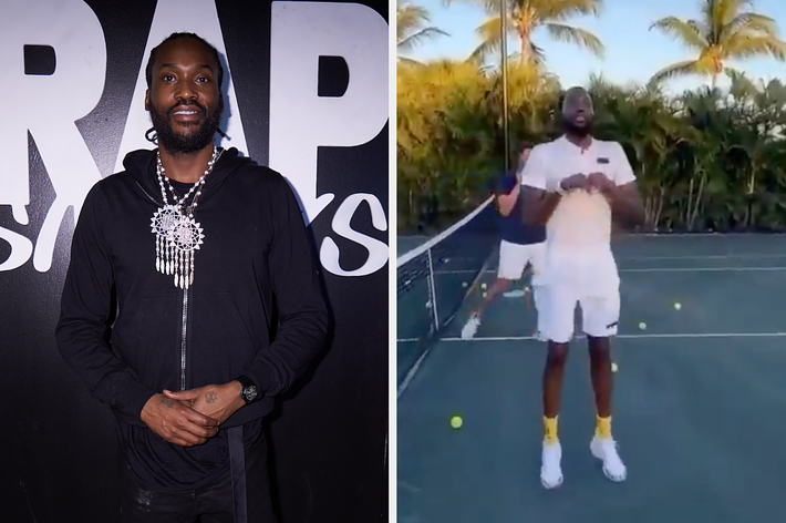 Man in a black hoodie and diamond necklace stands by 'WRAP' sign; another playing tennis in a white outfit