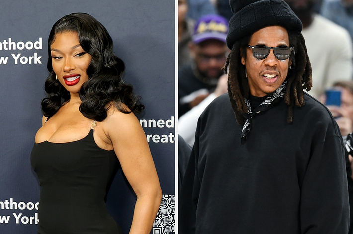 Megan Thee Stallion in a sleeveless dress smiles at the camera; Jay-Z in casual wear and sunglasses is at a public event