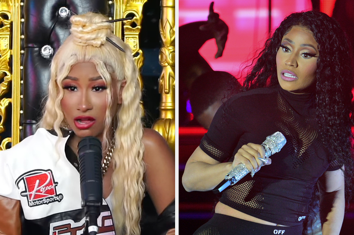 Nicki Minaj appears in two images; on the left, she is speaking into a microphone, and on the right, she is performing on stage holding a microphone