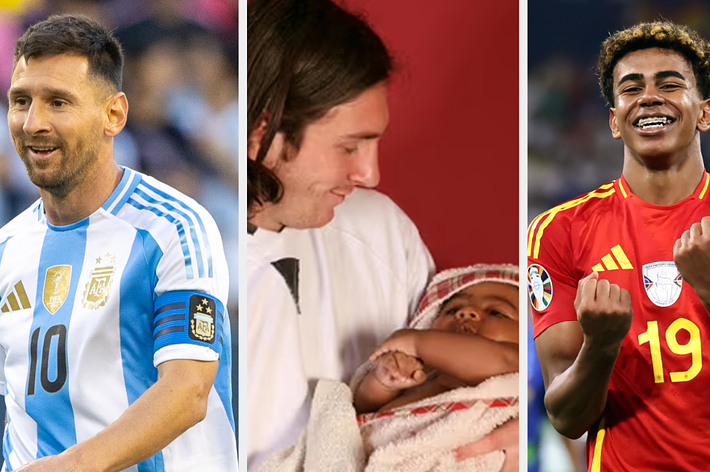 Lionel Messi on the field in a soccer uniform, a person holding a baby wrapped in a towel, and a player joyfully celebrating in a soccer uniform