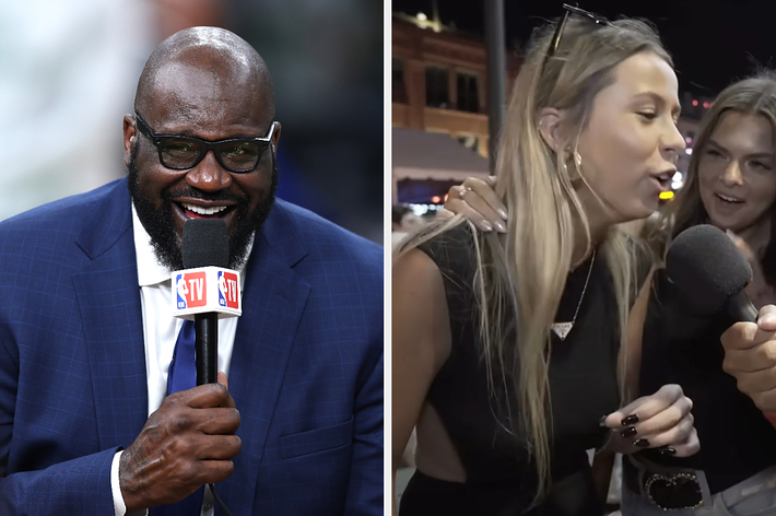 Shaquille O'Neal speaks into an NBA-branded microphone on the left side of the image. Two women, smiling and laughing, speak into a microphone on the right side