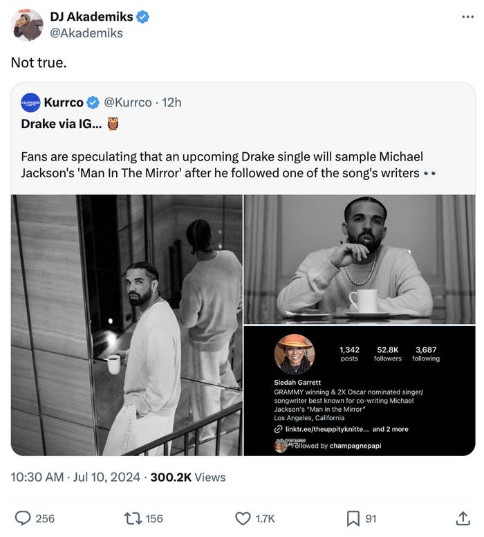 DJ Akademiks tweets &quot;Not true.&quot; above a tweet from Kurrco speculating about a Drake single sampling Michael Jackson&#x27;s &quot;Man In The Mirror.&quot;