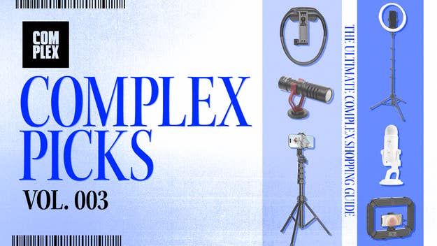 Complex Picks Vol. 003 cover with images of tech accessories: a ring light, a camera microphone, an iPhone tripod, and a microphone. Text reads "The Ultimate Complex Shopping Guide."