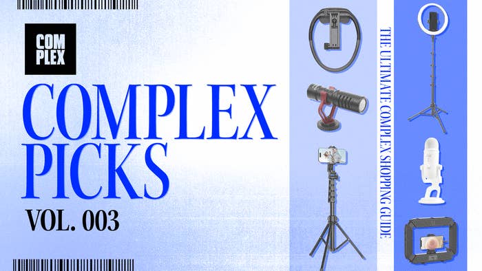 Complex Picks Vol. 003 cover with images of tech accessories: a ring light, a camera microphone, an iPhone tripod, and a microphone. Text reads &quot;The Ultimate Complex Shopping Guide.&quot;