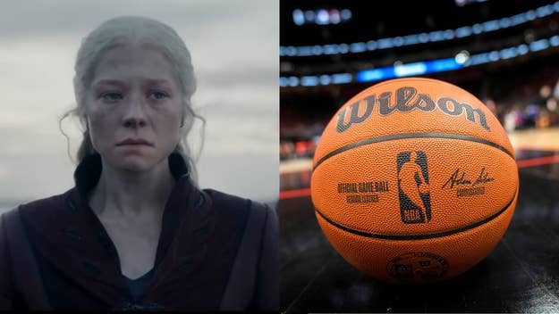 Emma D'Arcy as Rhaenyra Targaryen in a somber mood; a Wilson basketball on an NBA court