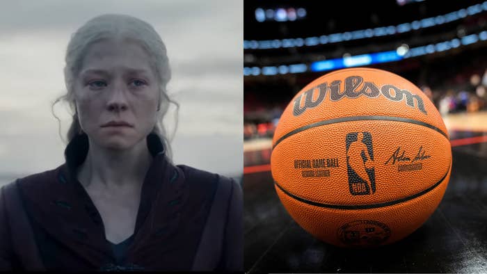 Emma D&#x27;Arcy as Rhaenyra Targaryen in a somber mood; a Wilson basketball on an NBA court