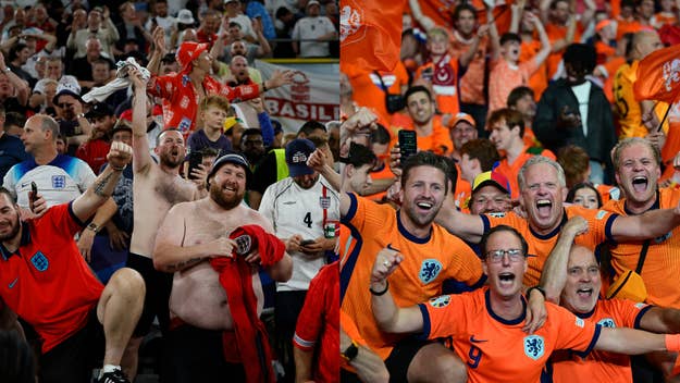 Football fans cheer passionately and wave flags in a stadium. England supporters on the left and Netherlands supporters on the right