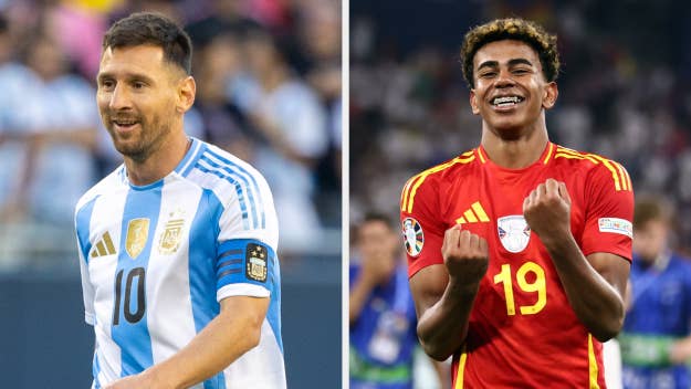 Lionel Messi in an Argentina jersey and Lamine Yamal in a Spain jersey, both smiling and celebrating on the field