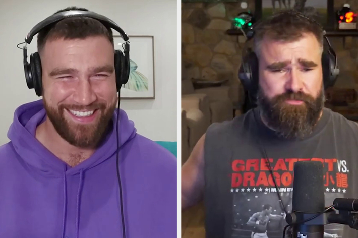 Travis Kelce wearing a hoodie and laughing, next to Jason Kelce in a sleeveless t-shirt looking serious during a video call