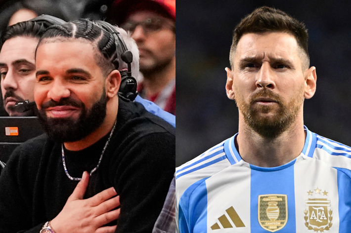 Drake smiling at an event; Lionel Messi in Argentina's soccer jersey. Both are facing the camera