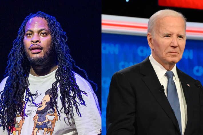 Waka Flocka Flame in a printed t-shirt stands beside Joe Biden in a suit and tie on the CNN news stage