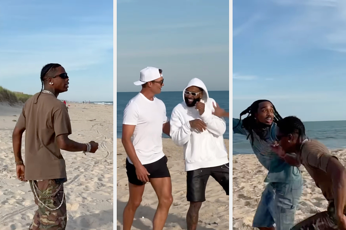 Three men are on a beach in a series of images. One man is wearing camouflage pants, and two others are laughing and interacting, one in a white outfit and the other in denim