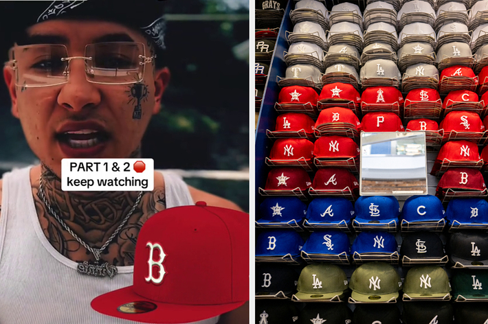 A person with glasses and tattoos, dressed casually, appears next to a display of various baseball caps, emphasizing the diverse styles of sports merchandise