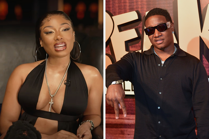 Megan Thee Stallion speaking in an interview and Yung Joc posing on a red carpet, pointing downward. Megan wears a halter top with a cross necklace