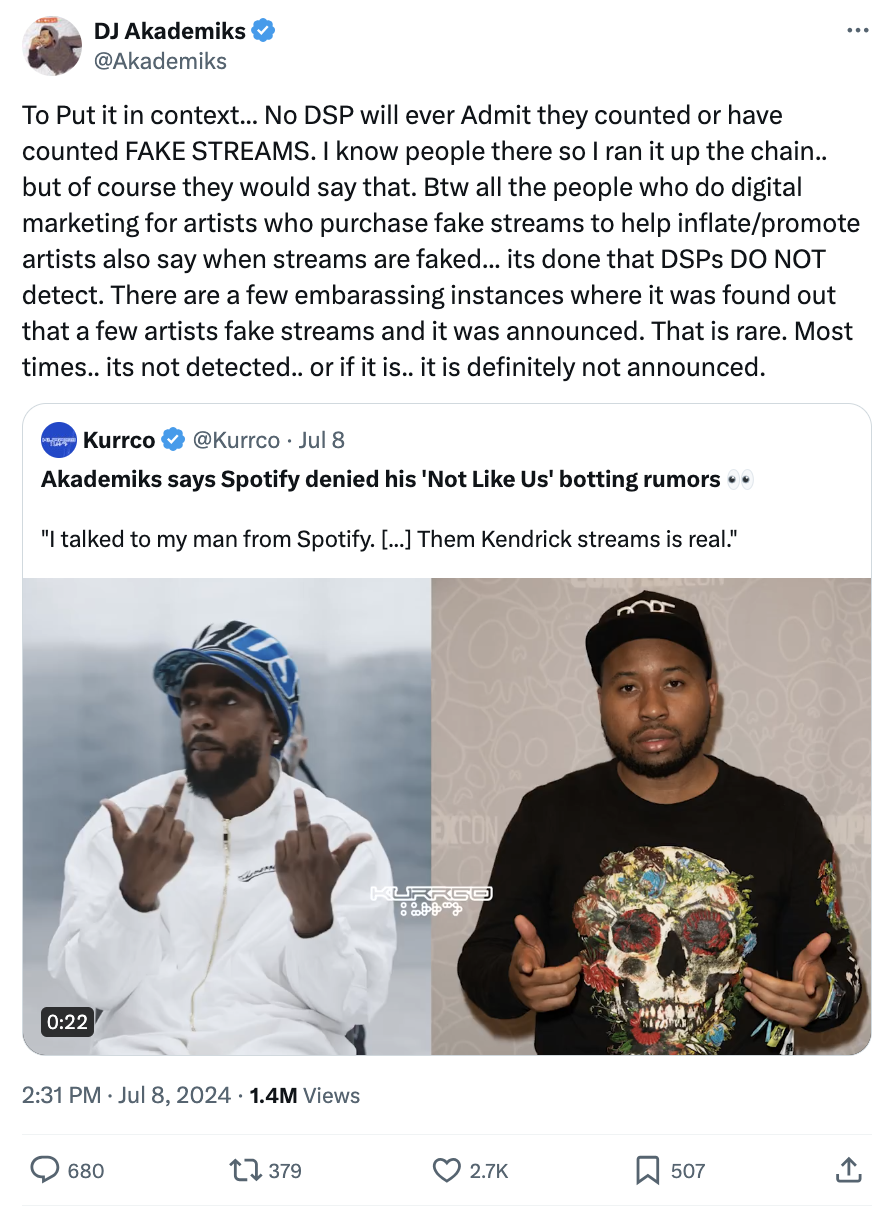 Tweet by DJ Akademiks discussing DSPs and fake streams, quoting article by Kurrco about Spotify denying fake streams of Kendrick. Two men gesturing in photos