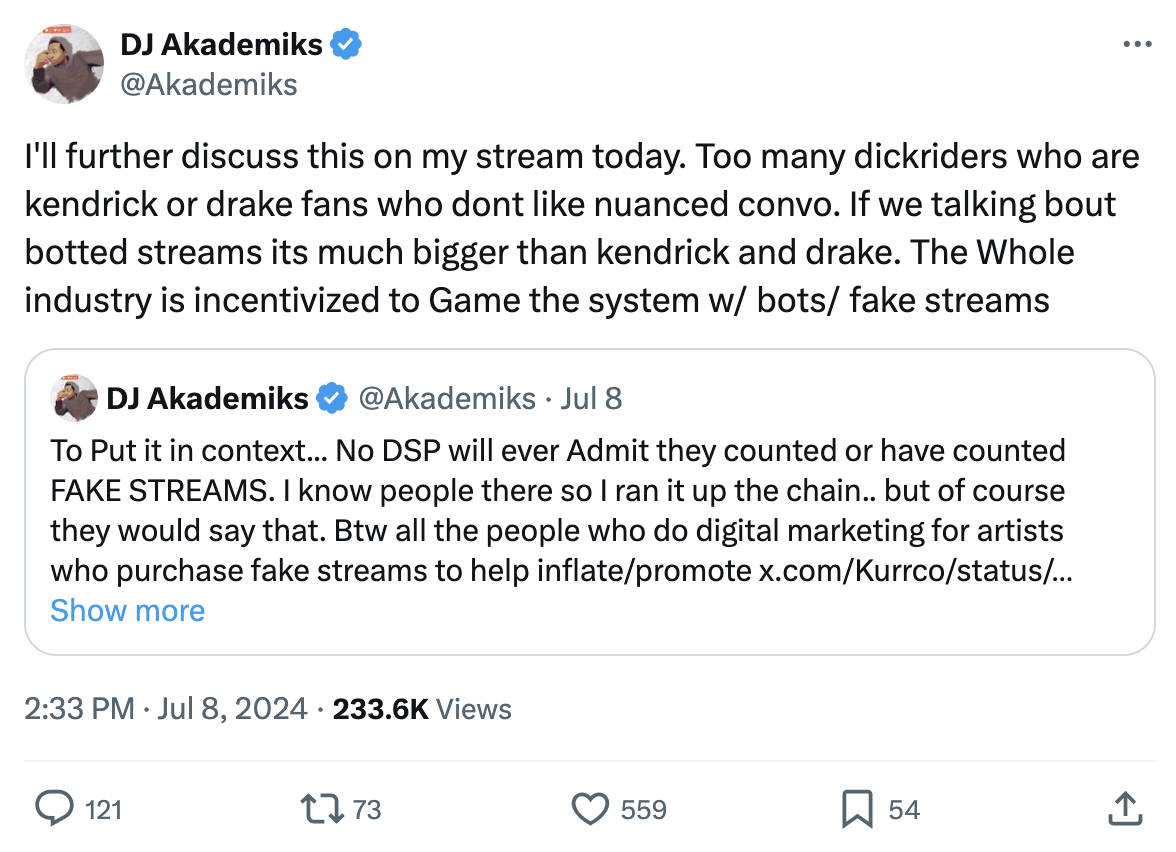 DJ Akademiks tweets about discussing the prevalence of fake streams and manipulated game systems on his stream, critiquing the music industry&#x27;s incentive structures