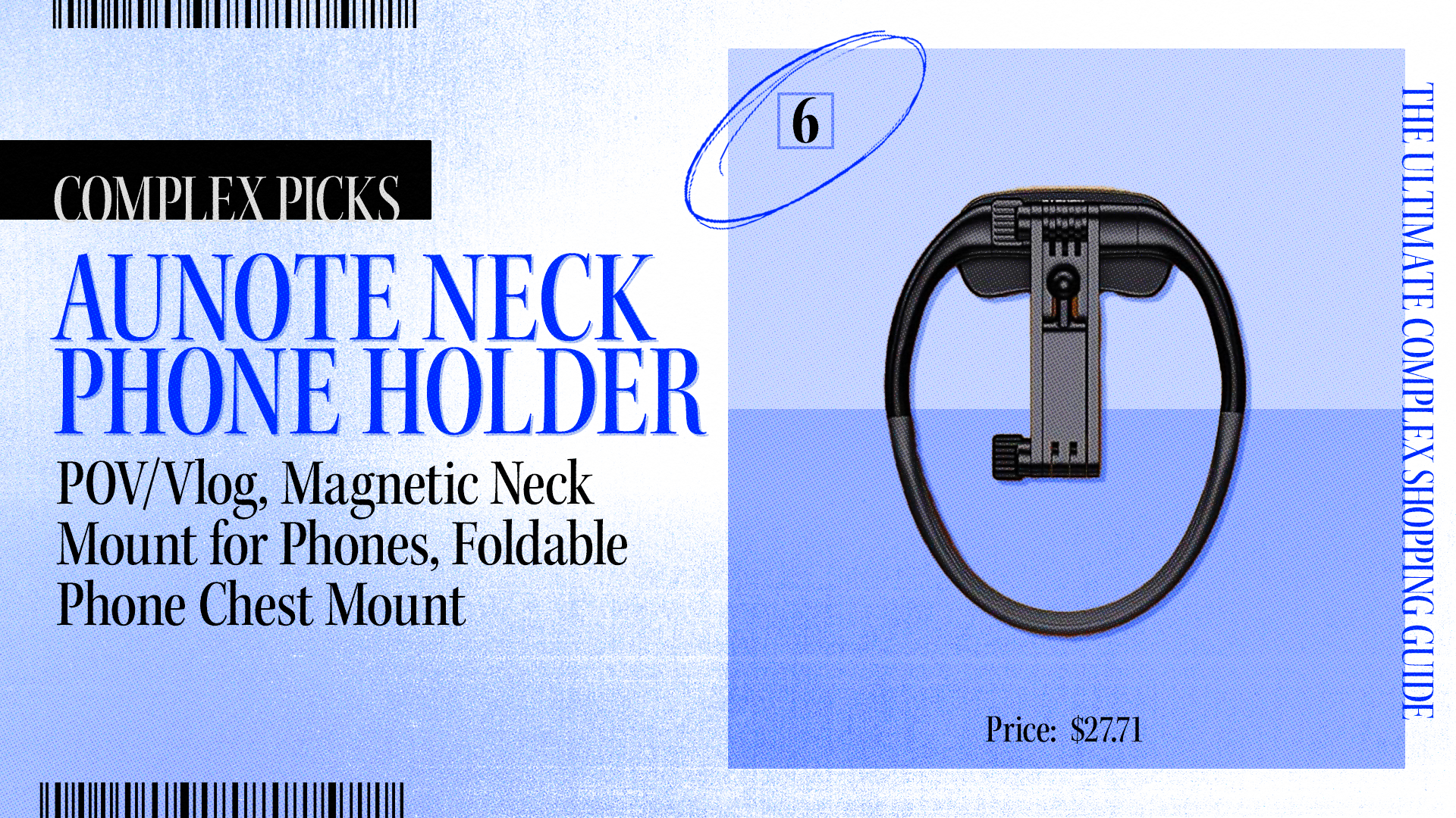 Aunote Neck Phone Holder featured in Complex Picks, suited for POV/Vlog, with a magnetic neck mount for phones. Price: $27.71